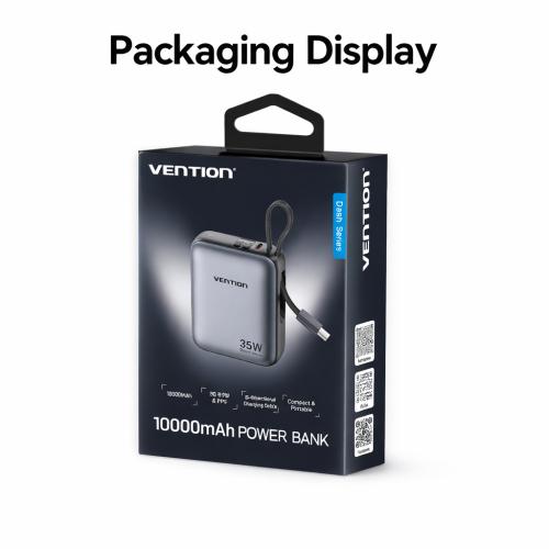 Pin sạc dự phòng Vention FHE 35W 10000mAh màu đen, tích hợp cáp USB-C, sạc nhanh.