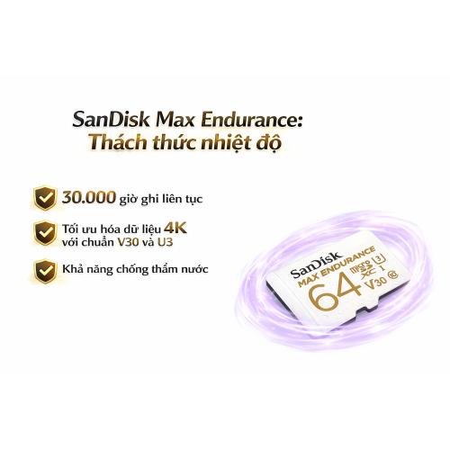 Thẻ nhớ SanDisk Max Endurance 64GB chuyên dụng, giải pháp lưu trữ bền bỉ cho camera hành trình 24/7.