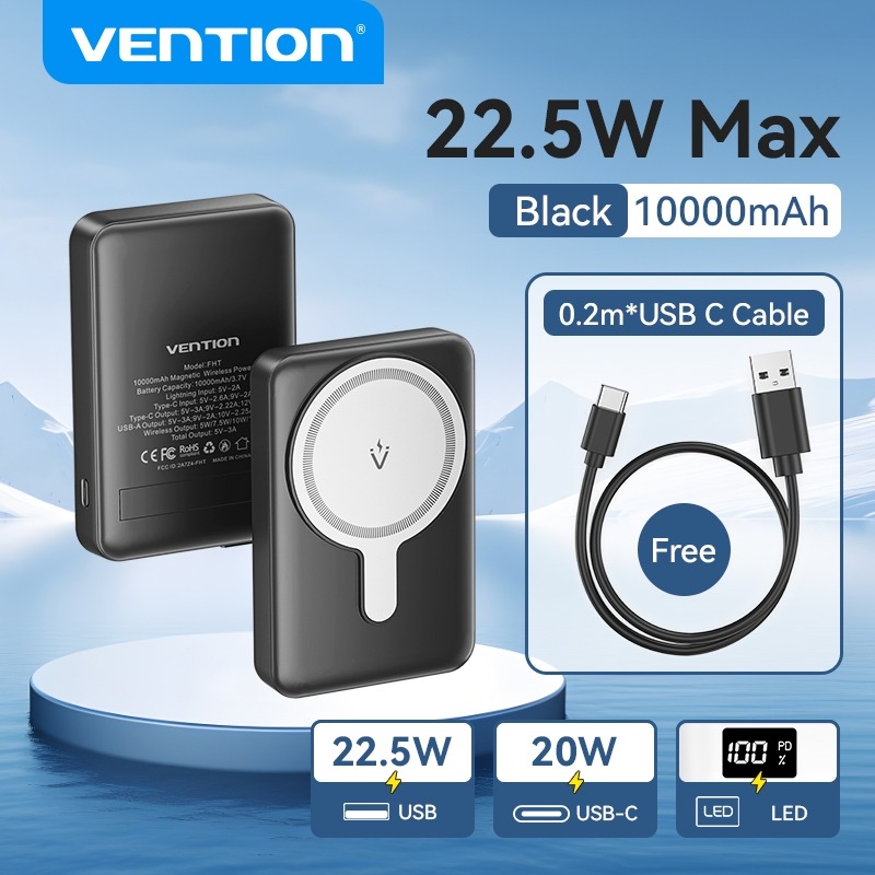 Sạc dự ph&ograve;ng Vention FHT Magnetic Wireless Power Bank 10000mAh m&agrave;u đen