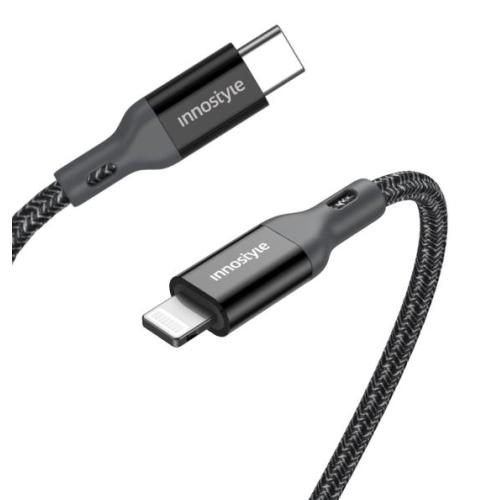 Cáp sạc Innostyle PowerFlex USB-C to Lightning bọc dù Kevlar siêu bền, chuẩn MFi cho thiết bị Apple.