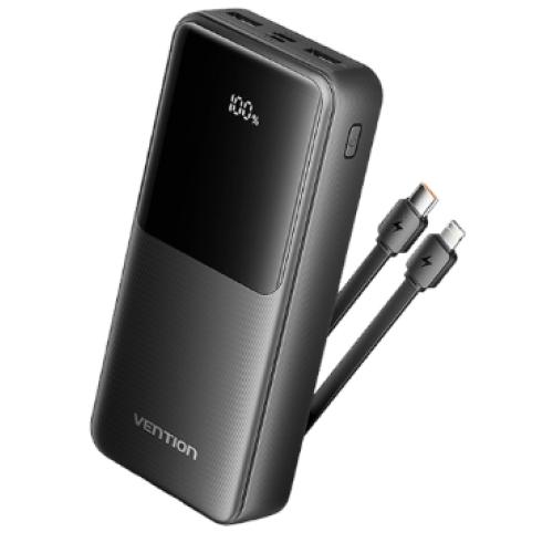 Sạc dự phòng Vention FHO 20000mAh màu đen, thiết kế nhỏ gọn bo tròn kèm dây cáp tiện lợi.