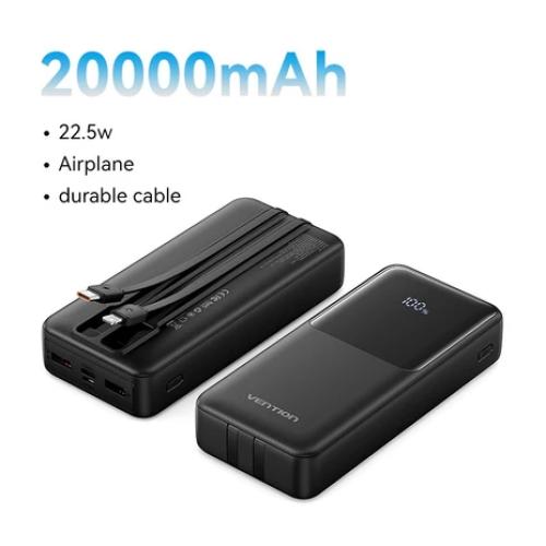 Sạc dự phòng Vention FHO 20000mAh 22.5W với thiết kế bo tròn, tích hợp dây cáp tiện lợi.