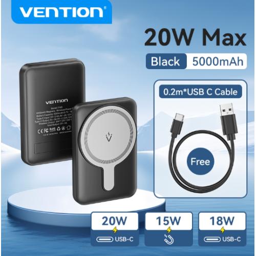 Sạc dự phòng Vention FHT 10000mAh Magnetic màu đen, thiết kế nhỏ gọn với chân chống tiện lợi.