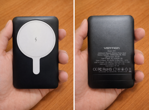 Mặt trước v&agrave; sau của Vention FHT Magnetic Wireless Power Bank 10000mAh PD 22.5W m&agrave;u đen