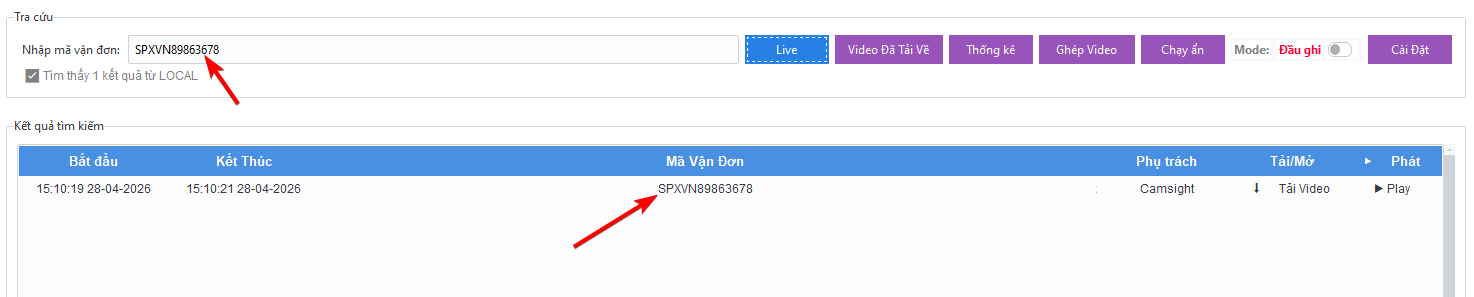 Camsight t&igrave;m kiếm video đ&atilde; đ&oacute;ng thần tốc theo m&atilde; đơn.