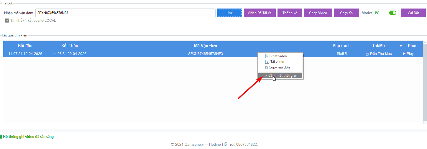 Hướng dẫn chọn t&iacute;nh năng Cập nhật thời gian tr&ecirc;n giao diện quản l&yacute; đơn h&agrave;ng Camsight