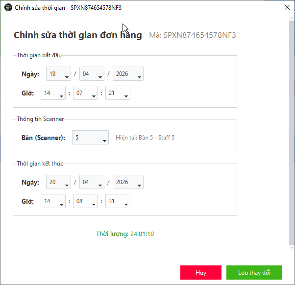 Cửa sổ Chỉnh sửa thời gian hiển thị c&aacute;c trường nhập th&ocirc;ng tin bắt đầu v&agrave; kết th&uacute;c cho đơn h&agrave;ng Camsight