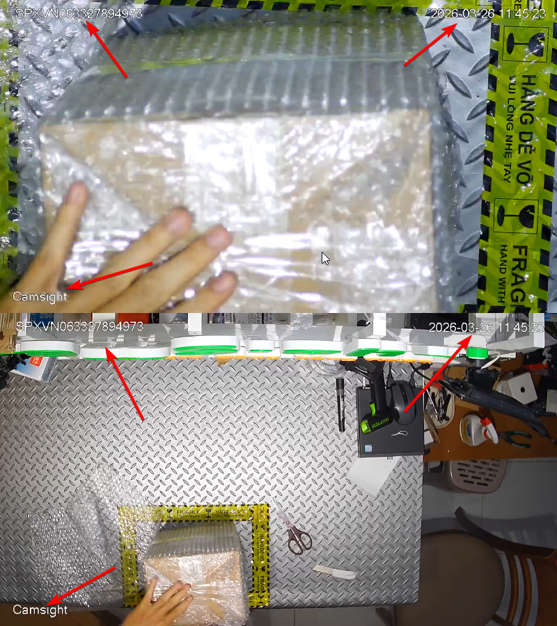 C&aacute;c th&ocirc;ng tin như M&atilde; vận đơn, ng&agrave;y giờ đ&oacute;ng, t&ecirc;n người đ&oacute;ng được nh&uacute;ng trực tiếp v&agrave;o video.