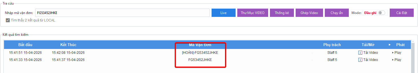 Giao diện t&igrave;m kiếm đơn h&agrave;ng ho&agrave;n tr&ecirc;n Camsight bằng m&atilde; đơn
