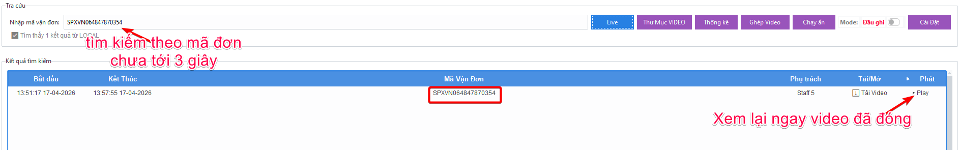 Chức năng t&igrave;m kiếm video đ&oacute;ng h&agrave;ng tr&ecirc;n phần mềm quay đ&oacute;ng h&agrave;ng Camsight