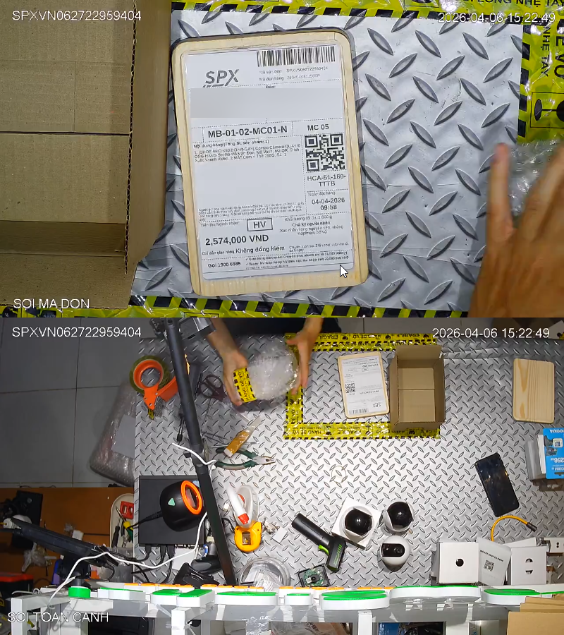 Video đ&oacute;ng h&agrave;ng 2 mắt vừa soi r&otilde; m&atilde; đơn vừa quay to&agrave;n cảnh b&agrave;n đ&oacute;ng h&agrave;ng.
