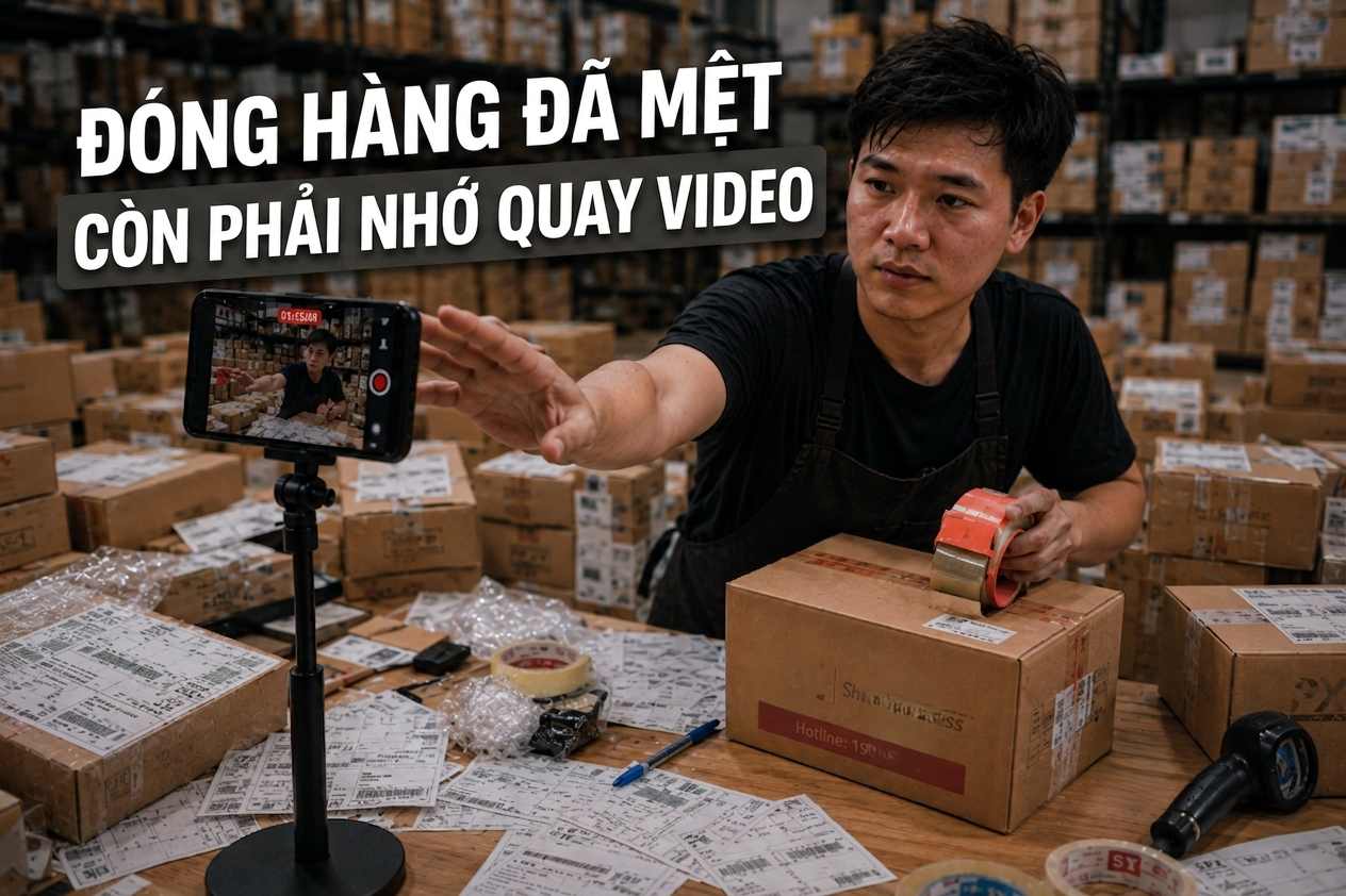 Quay video đ&oacute;ng h&agrave;ng bằng điện thoại khiến chủ shop mệt mỏi v&igrave; thao t&aacute;c nhấn quay thủ c&ocirc;ng.