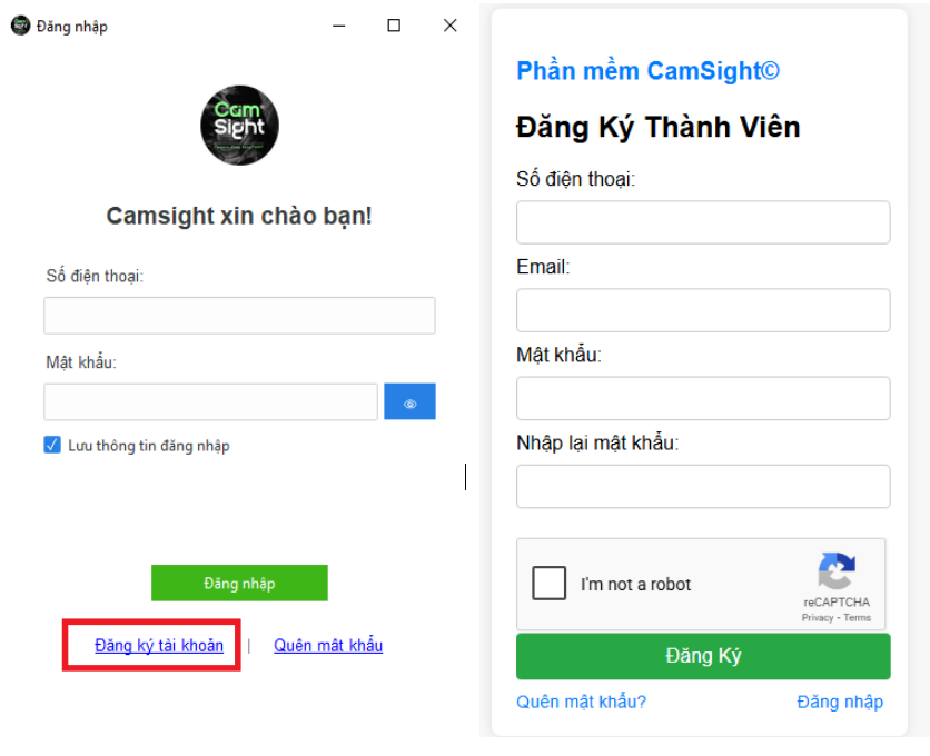 Giao diện đăng nhập, đăng k&yacute; t&agrave;i khoản Camsight
